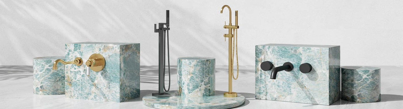 Bath tapware selection with wall set, freestanding bath fillers and wall mixer in gold and matt black.