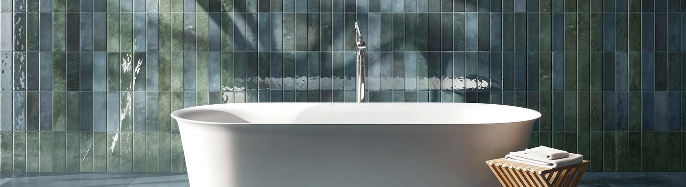 Modern bathroom with colorful tiles and bathtub