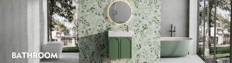 Bathroom with green vanity and bathtub, large window view.