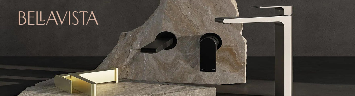 Bella Vista fluted basin with brushed brass wall tapware