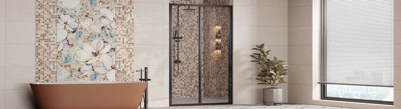 Bi-fold shower screen with matte black frame in an alcove.