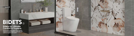Modern bathroom with bidet, floral wall tiles, and vanity cabinet at MyHomeware