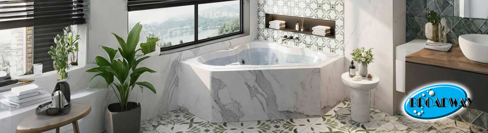 Broadway spa bathroom with freestanding corner spa and marble walls