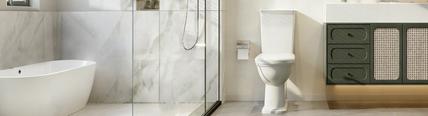 Modern bathroom with a close-coupled toilet, green vanity and black framed shower