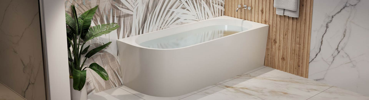 White corner bathtub with tropical leaf wall and wood accents.
