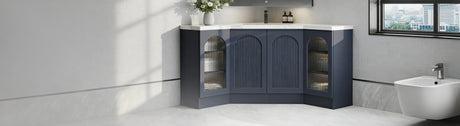 Curved navy corner vanity with fluted arch doors and ribbed glass panels