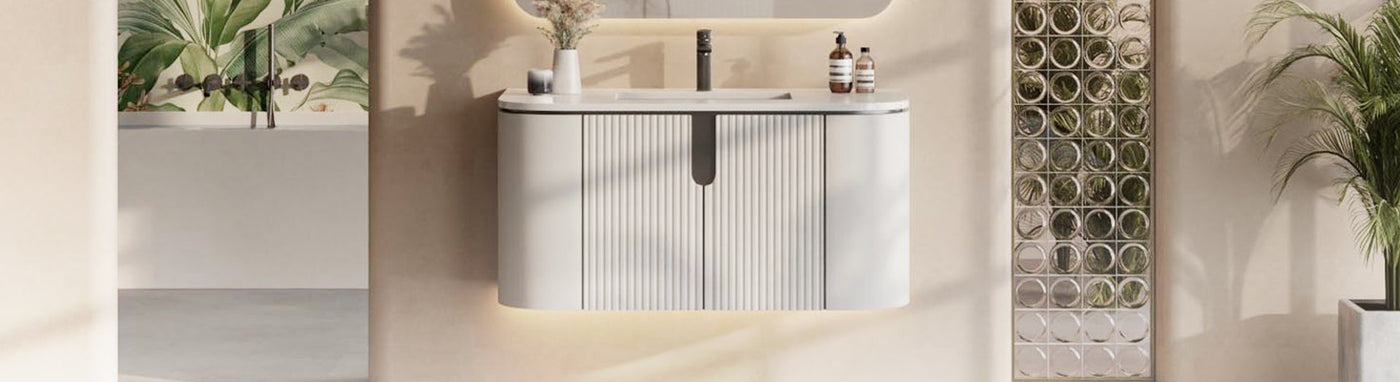 Modern fluted curved vanity in a stylish bathroom with ambient lighting