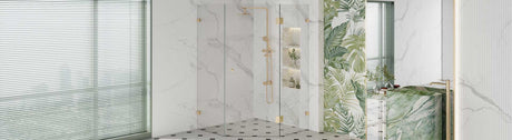Diamond (neo-angle) shower screen with hinged door and brushed gold hardware.