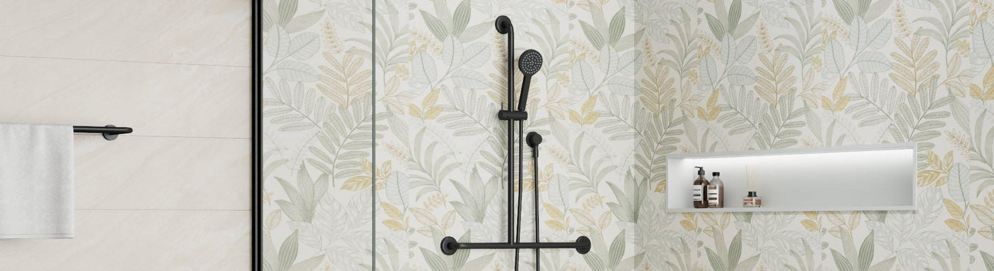 Accessible shower with grab rails and height-adjustable hand shower