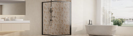 Double-door corner shower screen with matt black frame.