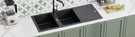 matt black granite double bowls with drainer board kitchen sink on a stone top