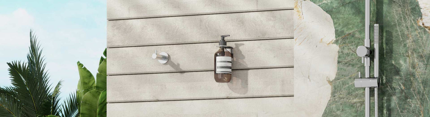 Outdoor soap dispenser and hook on wall