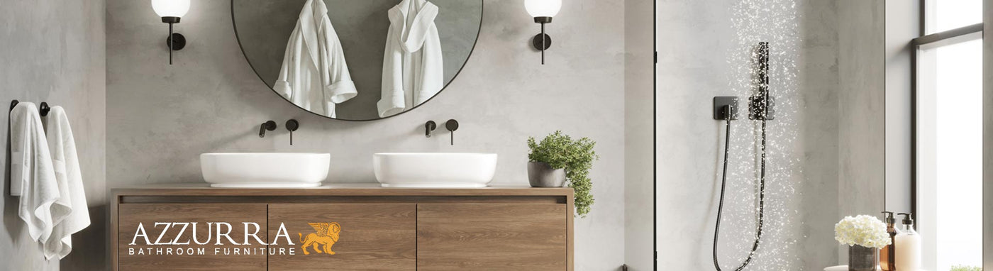 Azzurra bathroom furniture with double basins and wall-mounted black tapware