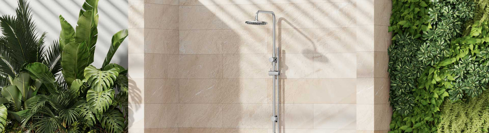 Outdoor shower with tropical plants backdrop