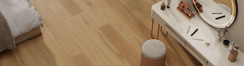 SPC waterproof hybrid flooring in bedroom with vanity