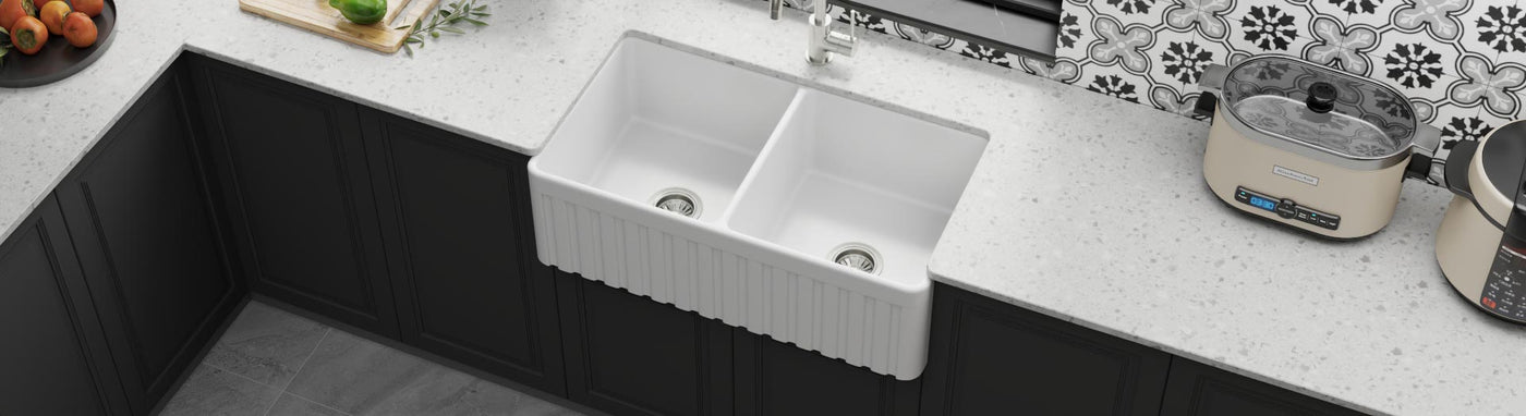 double bowls in fluted style fireclay kitchen sink