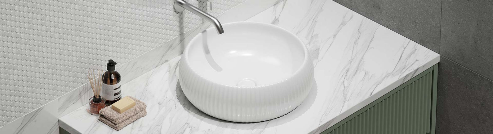 White fluted basin on marble vanity top