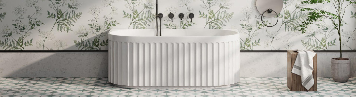 Fluted freestanding bathtub in a modern bathroom