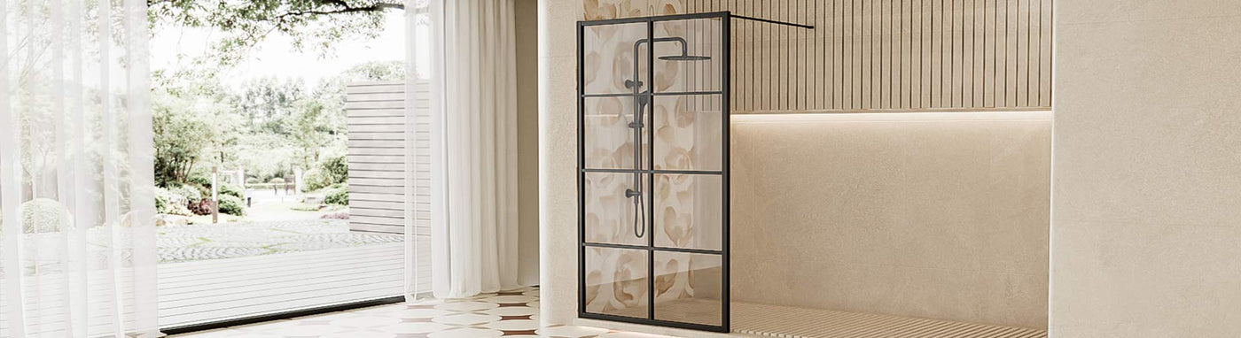 Framed shower screen with matte black grid and support bar.