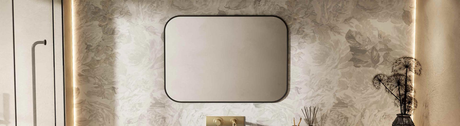 Rectangular framed mirror with rounded corners