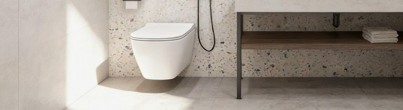 Geberit flush plate and wall-mounted toilet with vanity in a modern bathroom.
