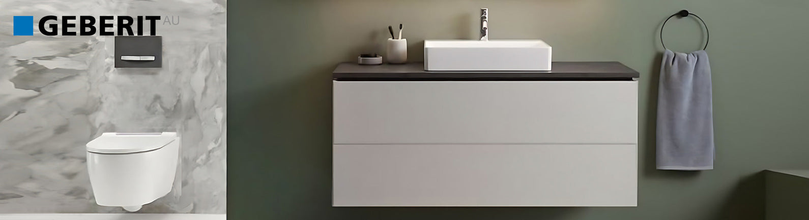 Geberit flush plate and wall-mounted toilet with vanity in a modern bathroom.