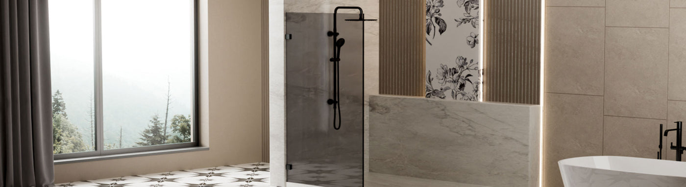 Smoked grey glass shower screen with matte black hardware.