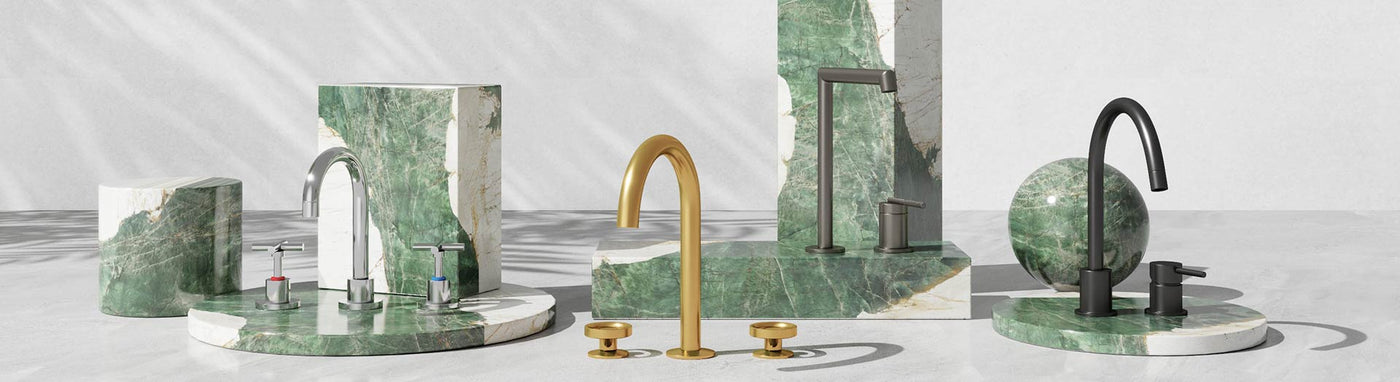 Hob-mounted (deck) tap sets in chrome, brushed gold and matte black—three-piece and mixer styles.