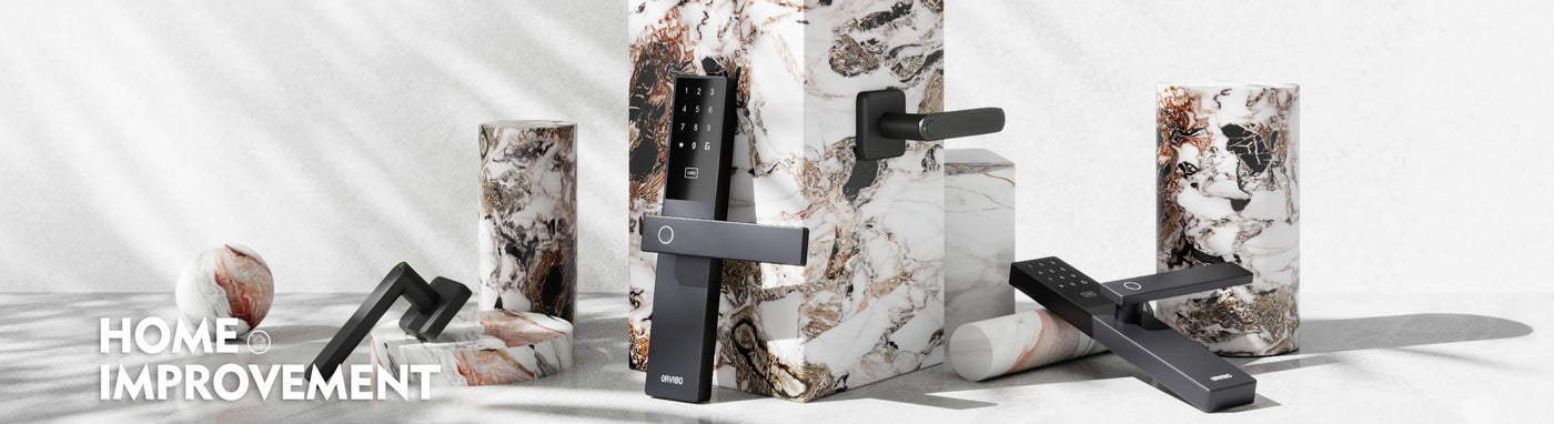 Modern black smart door locks and handles by ORVIBO displayed with marble blocks – Home Improvement collection banner.