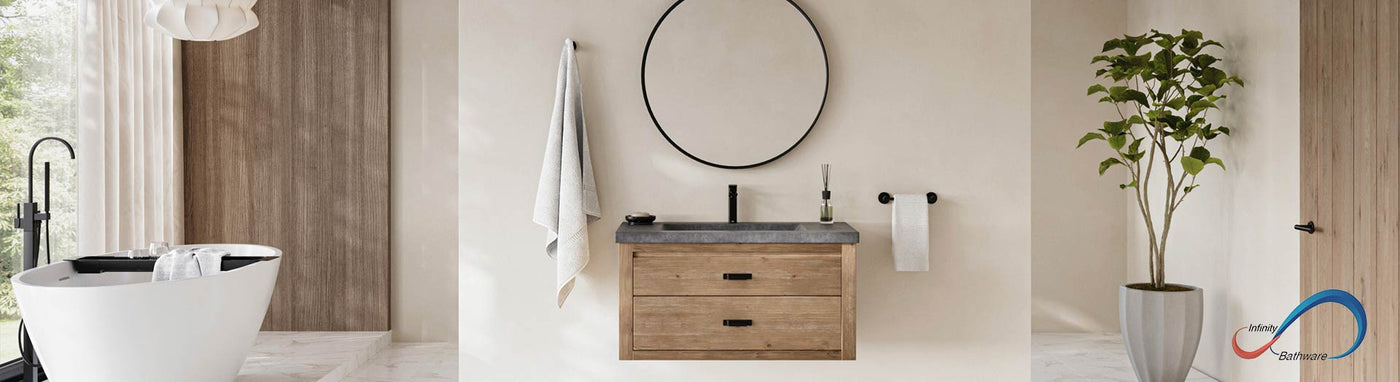 Bright minimalist bathroom with Infinity freestanding tub and vanity
