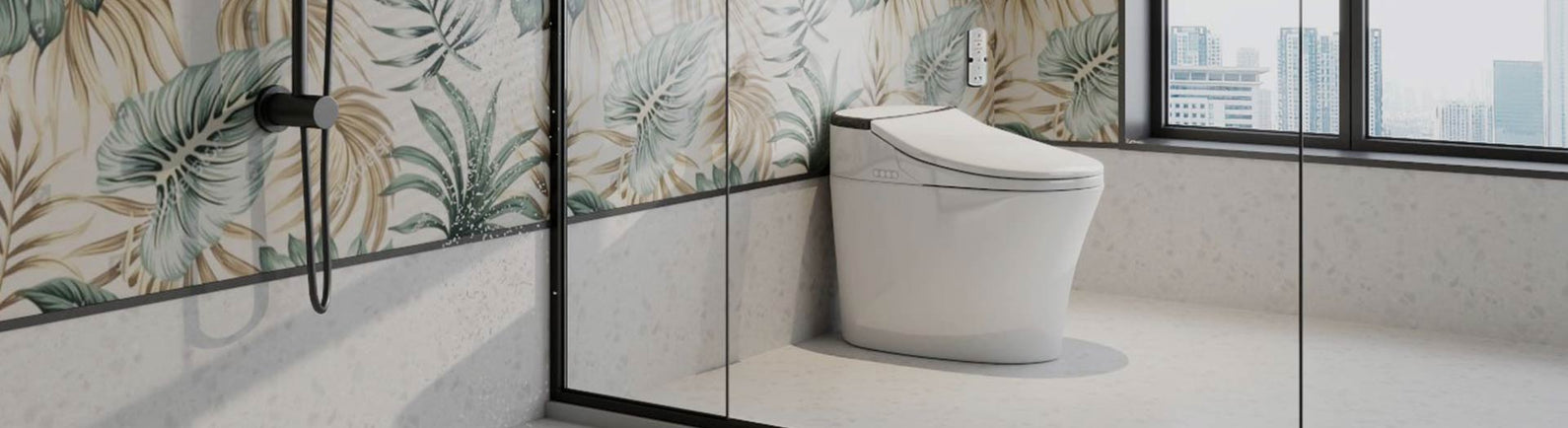Modern integrated smart toilet with remote control in a stylish bathroom.