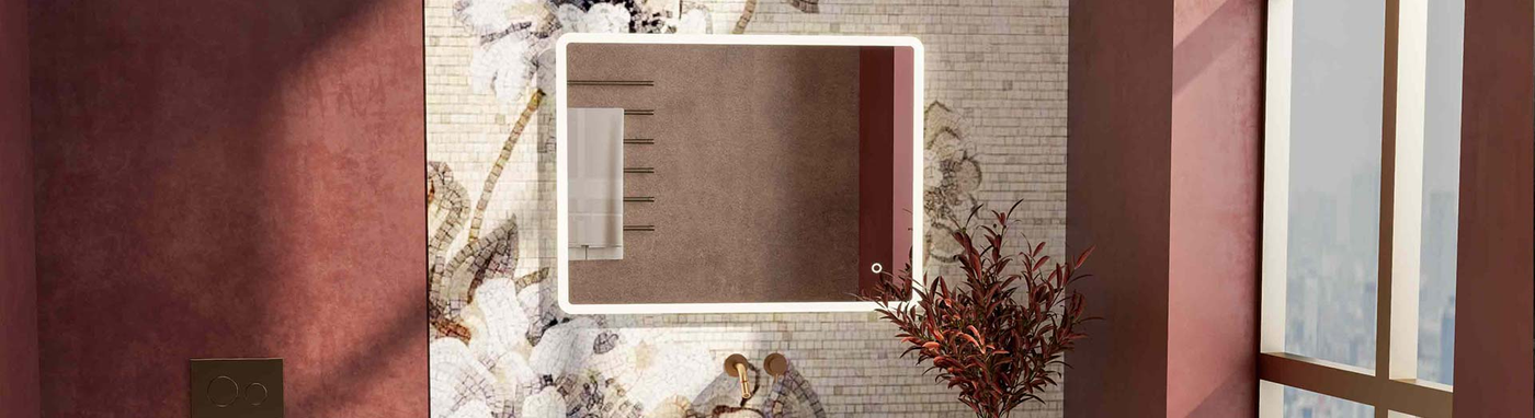 Square LED bathroom mirror with backlit frame mounted on a mosaic floral wall and surrounded by warm red-toned decor.