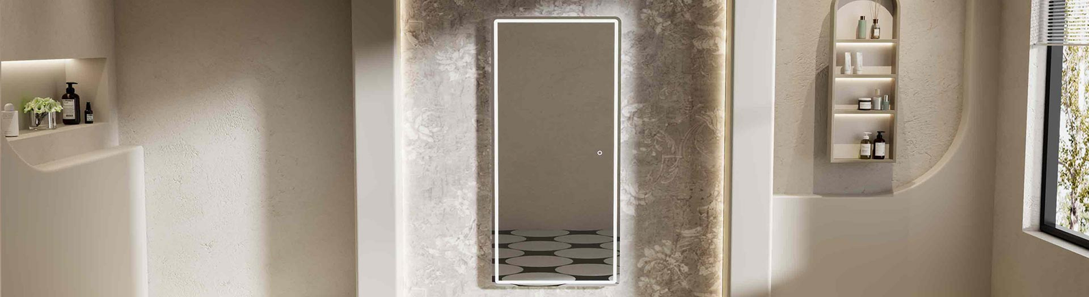 Tall rectangular LED dressing mirror with soft backlight mounted on a textured wall