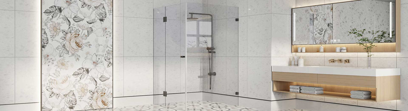 L-shape frameless corner shower screen with matte black hinges.