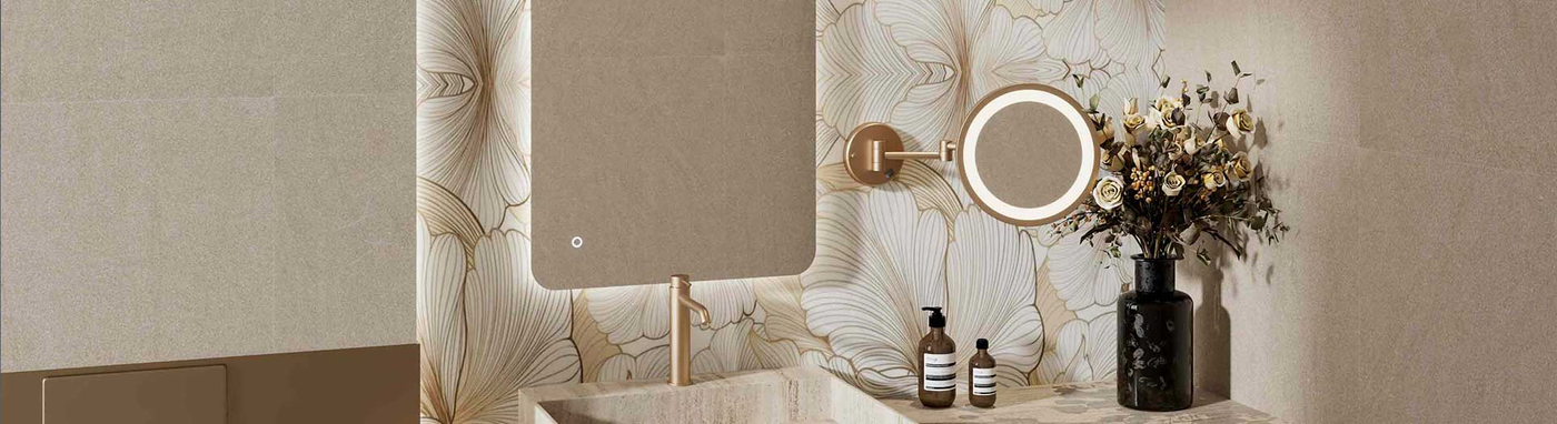 LED magnifying mirror mounted beside a soft-backlit bathroom mirror