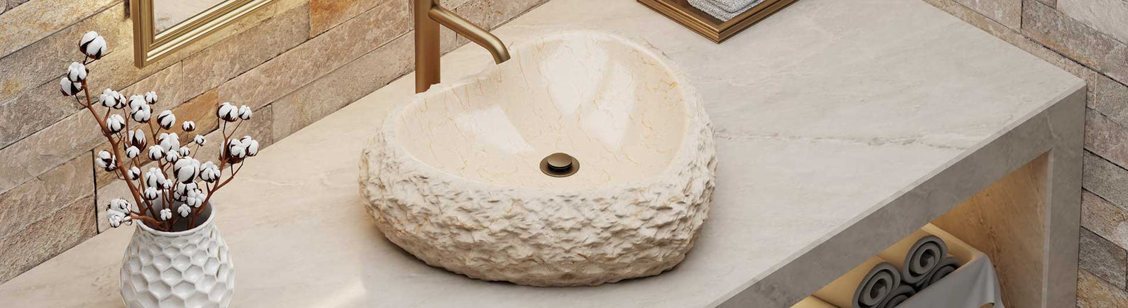 Natural stone basin with rough-textured outer surface and polished marble interior