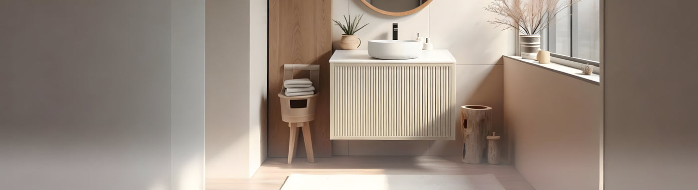 Narrow green bathroom vanity with arched doors in modern shower room