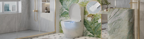 Non-electric bidet seat in a modern bathroom with green marble vanity and leaf-patterned wall.