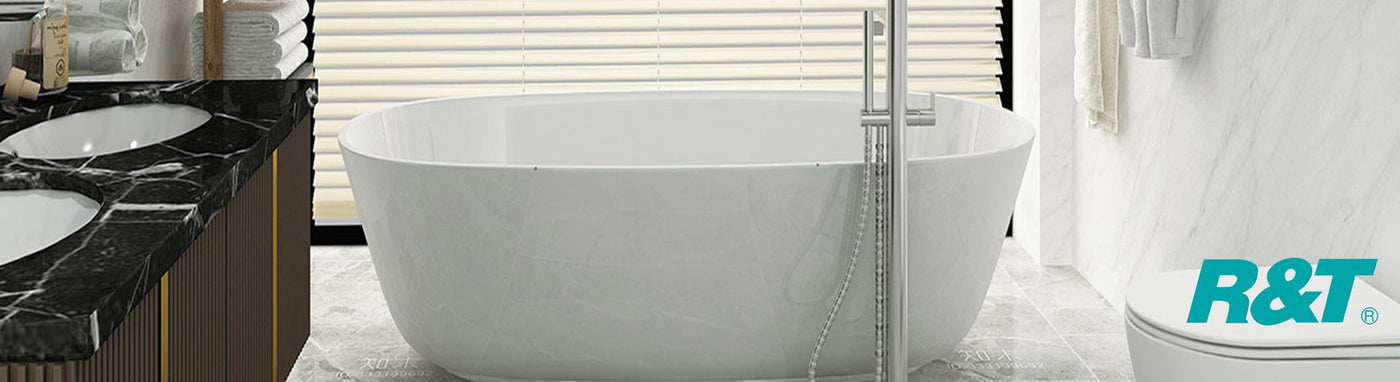 Modern bathroom featuring R&T in-wall cisterns and flush buttons.