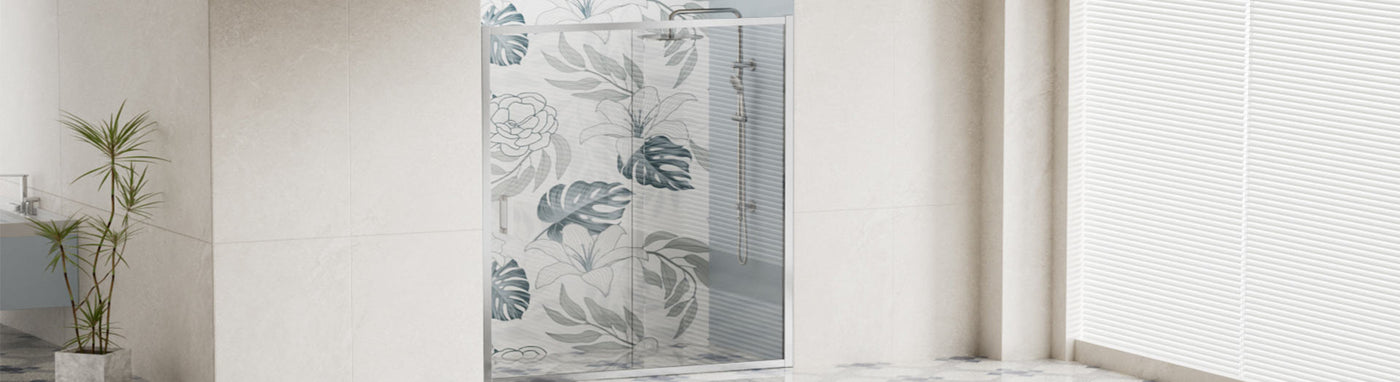 Semi-frameless shower screen with chrome trim in a modern bathroom