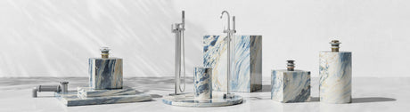 Modern bathtub accessories and parts with marble finish and chrome tapware on display