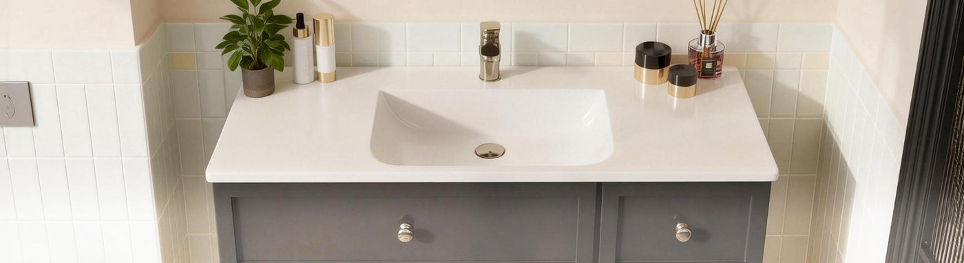 Ceramic vanity top with integrated white basin
