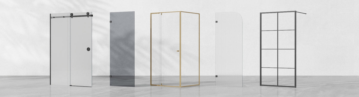 Custom shower screen options—sliding, hinged, framed, fluted and grid styles.