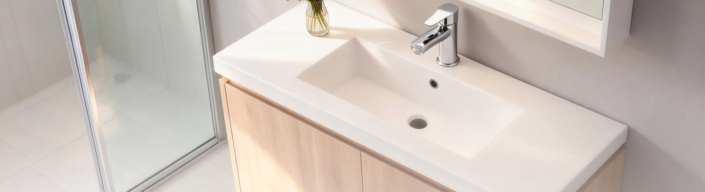 Gloss white poly vanity top with integrated rectangular basin