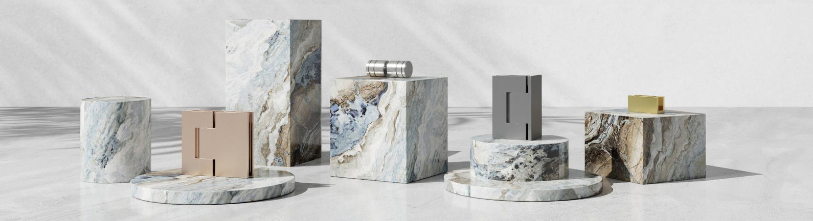 Shower screen accessories—hinges, rollers, brackets and clamps in mixed finishes.