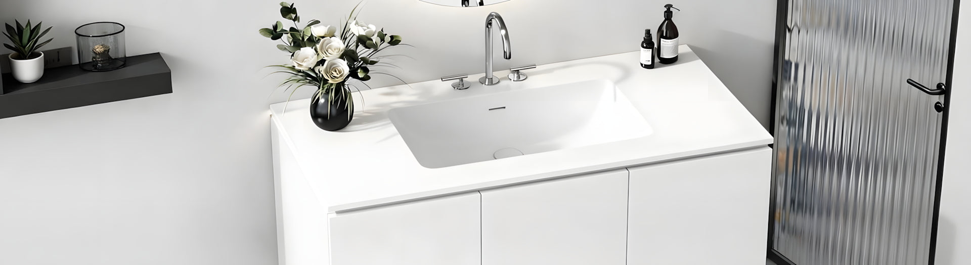 Black solid surface vanity top with integrated basin