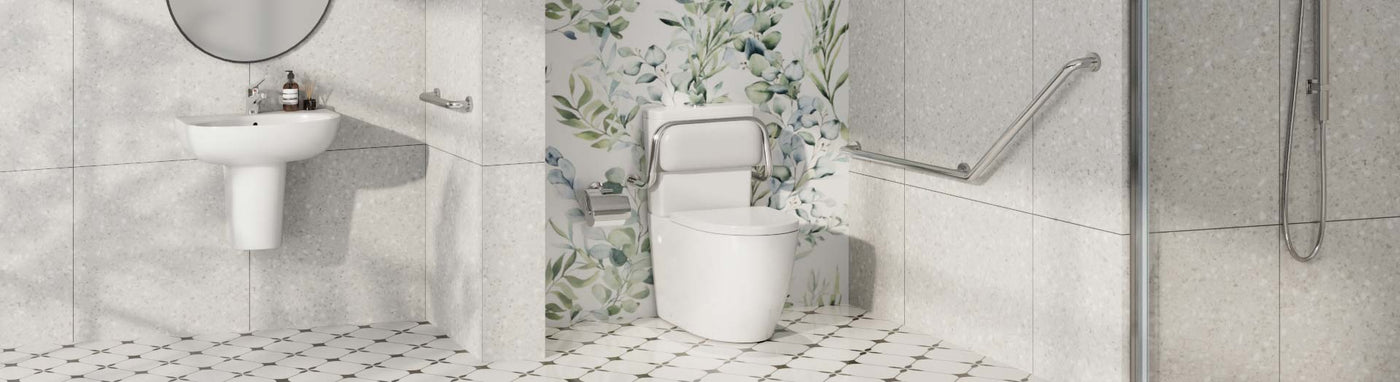 Bathroom with grab rails and accessible toilet