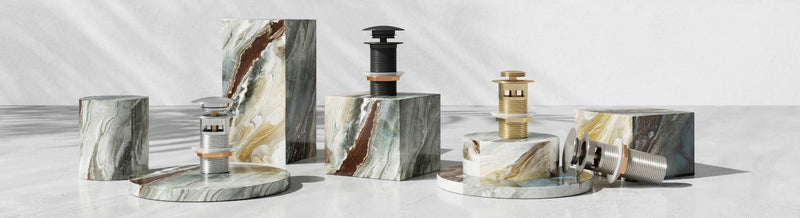 Colourful pop-up basin wastes displayed
