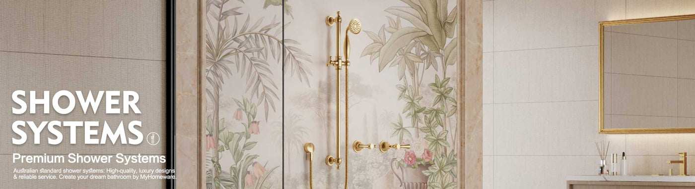 Gold shower system in a luxury bathroom with floral tile background.