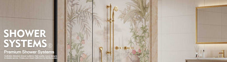 Gold shower system in a luxury bathroom with floral tile background.